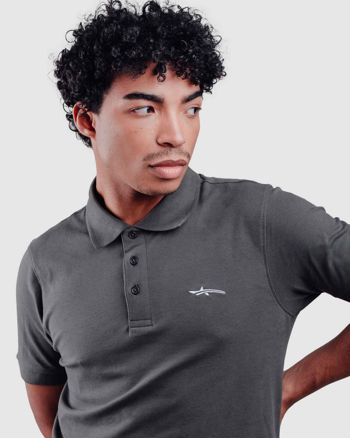 Oceanman grey polo with small shark logo on chest